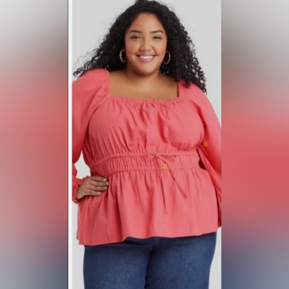 Ava & Viv 3X Peplum Top Puff Sleeve Peasant Blouse Plus Size Coral Pink AC-2600
